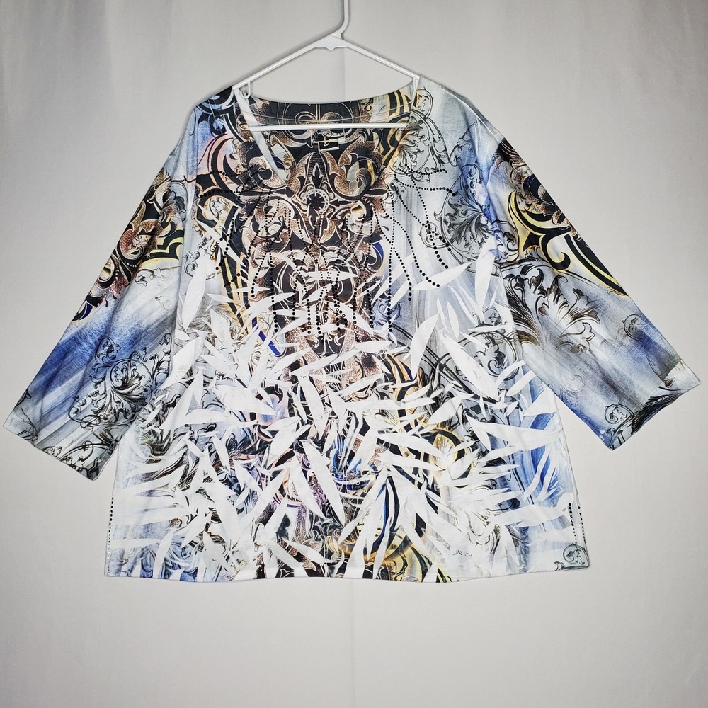 Las Olas Top Women 2X Blue Paisley Stamped Sequin 3/4 Grunge Y2K Witchy Fairy